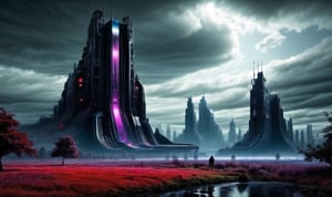  scifi city scene, futuristic buildings, robot giant, trees, spaceships, waterfalls, cloudy skies dark, fantasy art, cinematic, dramatic, blue sky,clouds, 