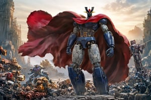 MAZINGER Z,MECHA,SUPER ROBOT,REALIST, outdoors, 4k, very detailed,  extremely detailed face, holdin a big sword, cape, mechanical parts, joints, day,  apocaliptic landscape, official art, (best quality,4k,8k,highres,masterpiece:1.2),ultra-detailed,concept art,ultra-fine painting,movie-like lighting,LegendDarkFantasy,industrial decay texture,metal,concrete