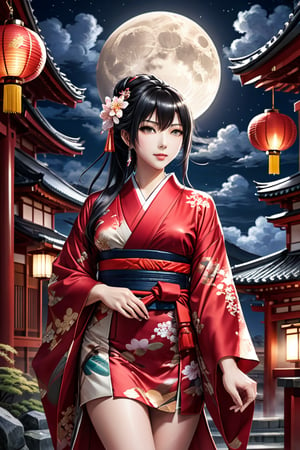  8k uhd, 1girl, perfect skin, detailed clothes, perfect eyes, 1girl, solo, lipstick, make up ,curvy, lipstick,kimono,score_7_up,score_8_up, red kimono, japanese temple, outdoors, night, clouds, moon,floral print,obijime,tabi,sandals,score_9,ruanyi0712,wide sleeves,  long hair,Igawa Asagi, anime,