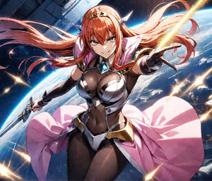 1girl, Maya Cordelia, solo, masterpiece, solo, tiara, official art, holding rapier, rapier, looking at viewer, v-shaped eyebrows, evil smile, see-through impossible bodysuit, wrist cuffs, elbow gloves, black pantyhose, pink cape, outer_space, space station, ships ,glitter