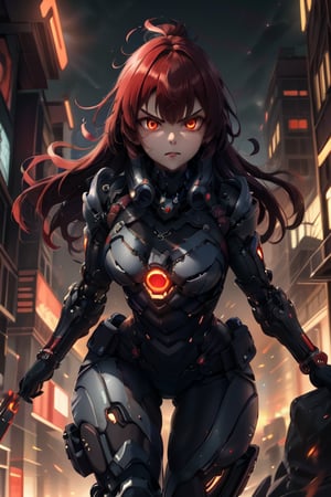  masterpiece,best quality: 1.2),(ultra-detailed face),(no headgear),Her armor glows red as the neon city lights dance across its mechanical surface. Intricate cybernetics empower her movement with inhuman speed and strength. She strides silently through theLower Sectors, the alleyways bathed in the crimson radiance of her futuristic suit. In her grip is an energized longsword, its edges humming with plasma, ready to dispense justice. She is the guardian that watches over this city, though few know her name. Criminals whisper rumors of the Crimson Knight, a cybernetically enhanced warrior sworn to protect the innocent. They speak of her inhuman reflexes and her blazing sword that cuts through any defense. How she appears from the shadows, a blur of red bringing swift judgment. Tonight her sensors have de(tected injustice brewing once more in these lawless streets. As the city sleeps, she alone stands vigilant, a silent sentinel keeping watch. Her cybernetic systems begin to target threats as she prepares to fight for those who cannot defend themselves. The Crimson Knight is ready, and justice will be dealt swiftly tonight.