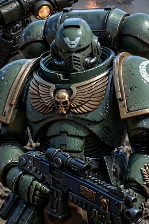 Masterpiece,,primaris helmet, green armor, Knight armor, silver skull armor,  high quality, outdoors, 4k, very detailed, alien planet, sky,  shoulder_armour,warhammer style,holding bolter, battle_stance, battle,holding gun