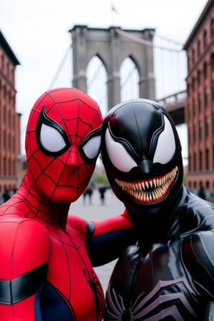 Spider-Man and Venom taking a selfie together, in front of th Brooklyn Bridge, taken by Kodak MC3 camera