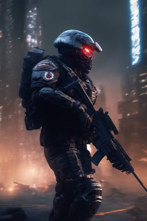 4k,soldier, skull helmet, futuristic soldier, special forces, helghast, space marine, detailed, intrincate details, cyborg, cyberpunk vibes,Cyber Black Robot, dystopic ambient,background,night city ,tank, armored vehicle, 