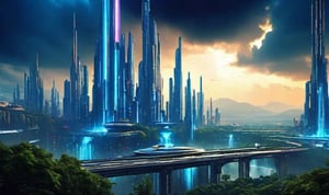 scifi city scene, futuristic buildings, robot giant, trees, spaceships, waterfalls, cloudy skies dark, fantasy art, cinematic, dramatic, blue sky,clouds, 4k, cyberpunk, streets,night , city,DonML4zrP0pXL