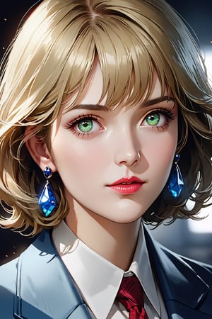  8k uhd, 1girl, perfect skin, detailed clothes, perfect eyes,  (best quality,4K,8K,highres,masterpiece:1.2),ultra-detailed,(realistic,photorealistic,photo-realistic:1.37),highly detailed face, extremely detailed eyes and face, long eyelashes, beautiful detailed eyes, beautiful detailed lips, concept art, cinematic lighting, vibrant colors, hyper-realistic,G0083NP, blonde hair, short hair,lipstick, green eyes, earrings, red necktie, suit, blue jacket, closed jacket, pencil skirt, blue skirt, high heels, white footwear,cowboy shot, 