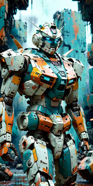 "The overall effect is a blend of impressionism and abstraction, creating a rich, immersive setting that complements the selective focus on a military gundam robot  hovering in the air. The scene should feature an impressionist selective focus on the drone. In contrast, the background should transition into an abstract, painterly environment. The atmosphere should be hazy and diffuse, contributing to an ethereal and somewhat dystopian feel. Indistinct forms and shapes in the background should suggest an accident, possibly people, rendered in a loose, impressionistic style to emphasize mood and atmosphere over detailed realism. Use a muted Cinematic Palette with cooler tones such as blues, teals, and orange to create depth and atmosphere. Use muted shades of earthy tones to depict worn, weathered and aged appearances. Use muted accents like rusty orange-yellows, and rusty teals to highlight tiny areas and add visual interest. Use this blend of subdued and bold colors to emphasize the gritty nature of the scene.",palette knife painting,art_booster