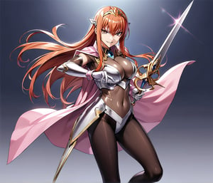 1girl, Maya Cordelia, solo, masterpiece, solo, tiara, official art, holding rapier, rapier, looking at viewer, v-shaped eyebrows, evil smile, see-through impossible bodysuit, wrist cuffs, elbow gloves, black pantyhose, pink cape, gradient background, simple background, ,glitter