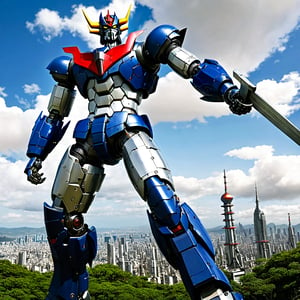 Majinga style, 70s anime, giant mecha, Great Mazinger, intrinsic details,  mechanical joints, realistic, outdoors, 4k, dynamic pose, extremely detailed, metallic texture,  glowing eyes, full body, highly detailed, masterpiece, best quality, masterpiece, highly detailed, ultra-detailed,(blue sky:1.1), cloud, holding_weapon, a (((mecha))) with sleek and menacing design, (mecha armor:1.5),glowing ,heroic parts, mechanical parts, (long legs:1.5),robot joints,(huge shield:1.2),(battle-ready:1.2),(powerful stance:1.3),(Detailed eye description:1.2),(huge mechanical weapon:1.3),(detailed armor description:1.2),(detailed shield description:1.2),(detailed weapon description:1.2),(holding sword :1.3) BREAK building, glowing_eyes, science_fiction, city, realistic,