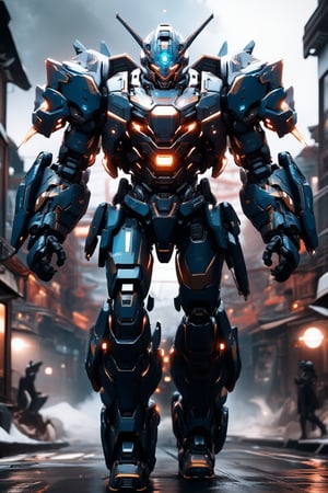 Ultra detailed 8K CG masterpiece,FuturEvoLabMecha, gundam mecha, bright eyes, camouflage pattern, mechanical joints, Create depth with atmospheric lighting,wide wide shot。Use atmospheric and volumetric lighting to enhance details, Ultra Detailed 8K CG, ultra high res, High quality texture, High quality shadows, outdoors, futuristic city, mechanics,epic mecha