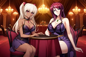 BeatriceKushan, KilaKushan, 2girls,side-by-side, very detailed eyes, party dress, female dress, bare shoulders, sleeveles, bare shoulders, short skirt, jewelery, high heels, pink hairclip, sitting, on chair, table, indoors, ballroom, luxury interiors, windows, height difference, dark-skinned female, looking at viewer, smile, masterpiece, best quality, very aesthetic,  Create depth with atmospheric lighting,wide wide shot,detail,（Hyper-detailing),（Complicated details),（High resolution CGI artwork 8k), night,cuddling,gold chain,jewelry,purple dress,cleavage,score_8_up,score_7_up,gem,side slit