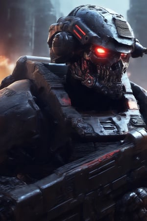 soldier, skull helmet, futuristic soldier, special forces, helghast, space marine, detailed, intrincate details, cyborg Power Nightcity Cyber Black Robot, dystopic ambient,background,night city ,tank, armored vehicle,