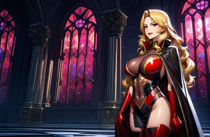 (masterpiece, best quality, ultra detailed, absurdres)1.5, 1girl, (sexy, beautiful woman, perfect face, perfect eyes, perfect female body)1.5, (, wavy hair, long hair, blonde hair, red eyes, mature female, milf, v-shaped eyebrows, red lips, extremely detailed clothes, smile, red elbow gloves, red thigh boots, red-black cape, red impossible clothes,very detailed, depth of fields。Create depth with atmospheric lighting,wide wide shot,detail,（Hyper-detailing）,（Complicated details),（High resolution CGI artwork 8k), palace, luxury, night, sci fi indoors,  windows, stained glass, soldiers, night,AliciaViewstream,Expressiveh,glitter