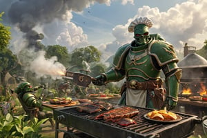 ((masterpiece, of the highest quality; 1.3)), Super quality, beautiful detail, 4k, wallpaper, chef hat, green armor, Salamanders chapter armor, skull armor, outdoors, BBQ grill, cooking, garden, elegant, Highly detailed, Digital painting, art stations, illustration, concept-art, smooth, Sharp focus, high quality, 4k, very detailed, battle, smoke, fighting, cowboy shot, shoulder_armour, alien planet, sky, clouds