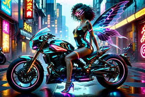 Full view of Hi tech Motobike Full body view,  hyper realstic neon (a 25yo woman exposed clevage, (Motorcycles of the future), (A hyper-motor bike helmet full covered expect lips showing Goryl style with futurastic motorbike Bright lipstick, glowing eyes showing clevage 4k hd resolution, Her skin adorned with vibrant tattoos that showcase her rebellious nature. Fill Lighting, Film Grain, enchanting, marvelous, spectacular, splendid, hyperdetailed airbrush by pino daeni, hajime sorayama angry fairy wearing iridescent dress, opal coronet, with shiny slippers, furious with fangs bared, hands closed in overwhelming, elegant, appealing, breathtaking, very stylish, very refined, trendy, amazing, fascinating, uncomelytightsuit,The chest large and the butt very upturned,With futurastic shades refined 8K detailing of the action of turning sideways afro curly black hair, back, bare shoulders, showing the perfect curves and plump buttocks behind it, background he in a futuristic cageeffects neon, colorful, colorful, highlighting motorcycles and girls, highest picture quality, masterpiece, high resolution, complex motorcycle details highlight future technology creation, facial features are clear and not blurred, normal human fingerasutepiece), (8KUHD), Being in the highway road