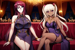 BeatriceKushan, KilaKushan, 2girls,side-by-side, very detailed eyes, party dress, female dress, bare shoulders, sleeveles, bare shoulders, short skirt, jewelery, high heels, pink hairclip, sitting, on chair, table, indoors, ballroom, luxury interiors, windows, height difference, dark-skinned female, looking at viewer, smile, masterpiece, best quality, very aesthetic,  Create depth with atmospheric lighting,wide wide shot,detail,（Hyper-detailing),（Complicated details),（High resolution CGI artwork 8k), night,cuddling,gold chain,jewelry,purple dress,cleavage,score_8_up,score_7_up,gem,side slit