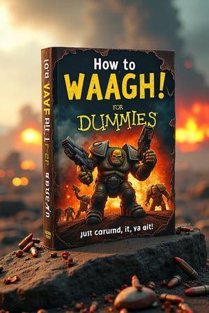  8k uhd, The book cover is designed as a collage of pictures of Orks from Warhammer in a war setting, with explosions, lasers, and shootings. At the top is the text "How to WAAAGH! for dummies". At the bottom is the inscription "Just Krump it, ya git!". The book is consumed, with minor scratches and burns on the cover. The book is on top of a rock, with empty (fuming) bullet casings all around. In the background there is a futuristic war scenario with explosions and smok,FOR DUMMIES BOOK COVER