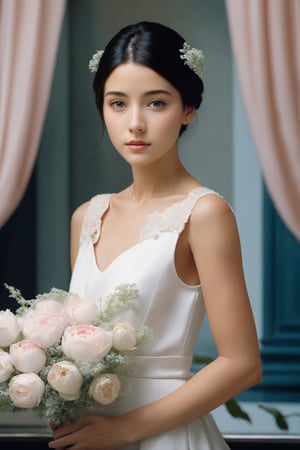 ((best quality)), ((masterpiece)), (detailed), (realistic),NYFlowerGirl, 1girl, solo, black hair, flower, dress, realistic, short hair, looking at viewer, white dress, sleeveless, standing, black eyes, sleeveless dress