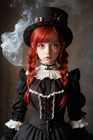 （best quality，masterpiece：1.2，detailed details），（strange doll girl,big eyes，small freckles， Fluffy red hair），（dark Gothic，steampunk gothic victorian style）, dark, engulfed in smoke
