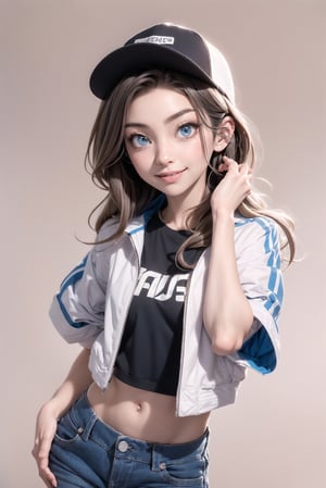 4k,best quality,masterpiece,1girl,(cropped jacket),(demin pant), smile,baseball cap,

(Beautiful and detailed eyes),
Detailed face, detailed eyes, double eyelids ,thin face, real hands,
((short hair with long locks:1.2)),brown-hair, white background,


real person, color splash style photo,
