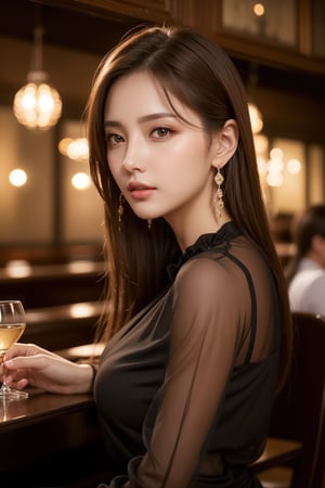 masterpiece, highest quality, Realistic, Very detailed, Finer details, High resolution, 8k wallpaper, One beautiful woman, Wear an elegant black see-through blouse, In a great restaurant, At night, Light brown messy hair, Perfect dynamic composition, Beautiful and beautiful eyes、Big earrings