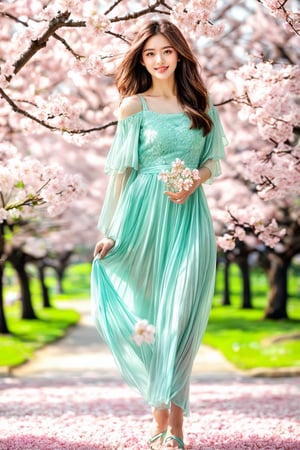 ultra realistic portrait of a gorgeous young girl standing in front of a flowering tree, petals, natural skin, beautiful face, playful body, playful face, cherry blossom sunny background, natural skin, nature goddess