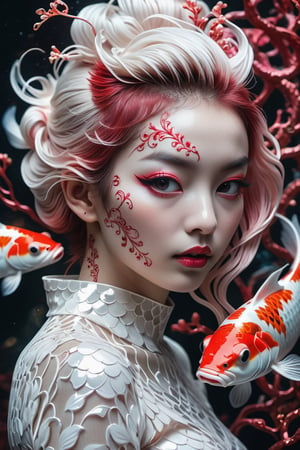 photo RAW, (Black, dark red and neon pink : Portrait of 2 ghostly long tailed white koi, woman, shiny aura, highly detailed, red filigree, intricate motifs, organic tracery, Januz Miralles, Hikari Shimoda, glowing stardust by W. Zelmer, perfect composition, smooth, sharp focus, sparkling particles, lively coral reef background Realistic, realism, hd, 35mm photograph, 8k), masterpiece, award winning photography, natural light, perfect composition, high detail, hyper realistic
