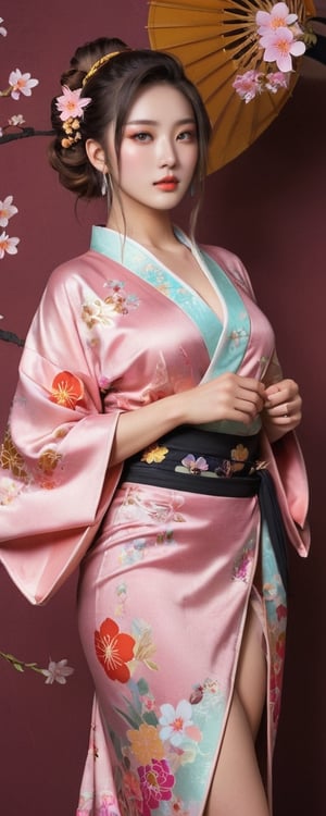 Full body, a beautiful young woman looking at the viewer, proud and expressionless, petals, flowers, colorful, dark amber divine background, Japanese style gorgeous low-cut kimono (pink theme, badge pattern, breasts exposed), gorgeous hair accessories, realistic ism, realistic skin, clear soft skin, skin detail, pores, particles, large breasts, art,photo r3al