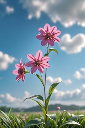(best quality, 4k, 8k, highres, masterpiece:1.2), ultra-detailed, (realistic, photorealistic, photo-realistic:1.37), flower,outdoors,sky,day,cloud,blurry,depth of field,blurry background,leaf,grass,plant,nature,scenery,pink flower,field,still life