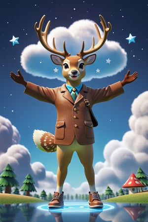 
a deer wear brown shoes and brown jacket, the deer is saying hi to the sky, the deer has his arm open, the deer is standing on the cloud, the deer is at the right part of the image, the deer has stars grown from his antler, the top of the image is blue sly, the bottom of the image is cloud, 3d, c4d, animal crossing