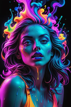 bold neon colors, cartoon style illustration of a woman as she sees the world while experiencing hallucinations, stoned, splash art, splashed neon colors, (iridiscent glowy smoke) ((motion effects)), best quality, wallpaper art, UHD, centered image, MSchiffer art, ((flat colors)), (cel-shading style) very bold neon colors, ((high saturation)) ink lines, psychedelic environment