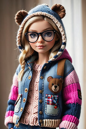 "Create a lovely runway model girl, half-body, wearing a patchwork jacket with large-knit stitches and jeans. The jacket's hood should resemble a bear's head in shades of beaver, beige, pink, and off-white. The girl, with straight blonde hair and glasses, is depicted from the waist up. In the background, incorporate large knit pillows to enhance the cozy atmosphere."