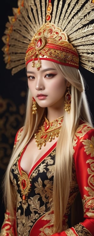 elegant, graceful female model with long blonde hair, in an intricate headdress and extravagant outfit, complex Khokhloma patterns (red, yellow-gold, black), neutral background, bright lighting, contrasting shadows and reflections, clear details, realism, photo quality
