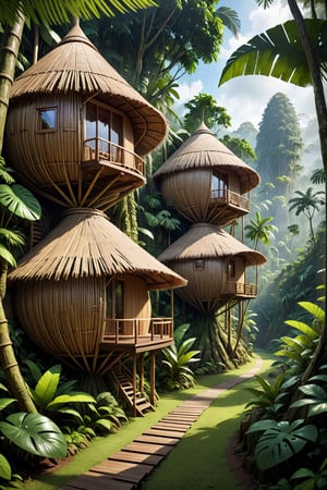 Side view, beautiful landscape view, Rainforest capsule cottages inspired by straws on the middle of rainforest, ,tradisional architecture, daylight, photography view,