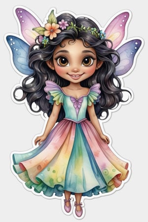 One realistic and whimsical, Hispanic Fairy with flowing dark hair and a smiling Face and huge beautiful eyes flying, dress in pastels colors watercolor style on white back ground sticker