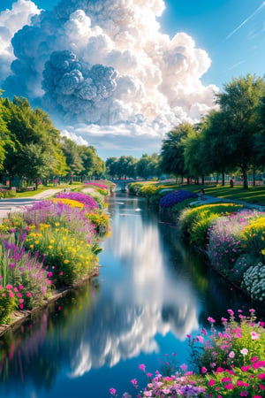 generate an 4k ultra HD anime style image of a beautiful flower garden situated at a bank of river ,far camera perspective ,highly detailed cloud visible ,high contrast image