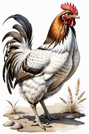 Vintage scientific illustration of a full-body Plymouth Rock chicken for use on the Leonardo.ai platform. Meticulous watercolor rendering, emphasizing feather textures and anatomical details. Subtle sepia tones with pops of vibrant color on the comb and wattles. Include delicate contour lines and subtle hatching for depth. Totally white background.