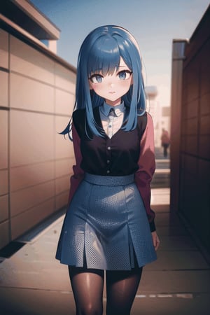 best quality, highres, solo, light_blue_hair, long_hair, pink jacket, skirt, petite, 1girl, closed_mouth, white_shirt, blush, walk_cycle, upper_body, walking, outdoors, crowded, complex_background, perspective, pov