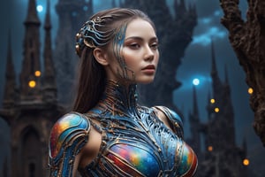 a close up of a statue of a woman, digital art, inspired by tomasz alen kopera, gothic art, intricate skeletal decorations, 8 k highly detailed, a detailed full body photo of a female cyborg with red and blue metal, most beautiful French girl, side on facing veiwer with cosmic stars in her and colorfull color light particles cosmic back ground,dripping paint,cyborg style,a girl formed of colored glaze,b3rli