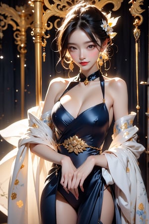 A stunning female figure with a poised and balanced body, wearing a majestic traditional gown reminiscent of ancient imperial fashion. Her outfit combines a rich white and indigo color palette with luxurious golden trimmedand embroideries that embellish the upper chest, waist, and shoulders. The fabric of the bikini flows smoothly with a silk-like texture, contrasting with the firm, gold-encrusted sections around her upper torso and shoulders. The detailing on the front-stringed bikini is elaborate, featuring floral and ornamental patterns that stand out with a metallic sheen. Her full bust and defined, elegant waist complement the overall design, while her posture enhances the sophisticated, regal atmosphere. Her hair is neatly tied up, adorned with traditional accessories that complete the luxurious aesthetic