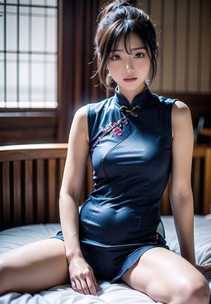  1girl, (full body shot),  looking at viwer. ponytail hair, indigo cheongsam. Half sitting a soft bed ,Extremely Realistic