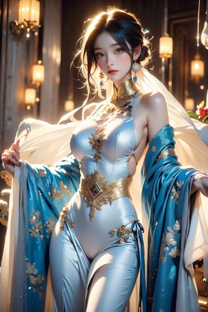 A stunning female figure with a poised and balanced body, wearing a majestic traditional gown reminiscent of ancient imperial fashion. Her outfit combines a rich white and indigo color palette with luxurious golden trimmedand embroideries that embellish the upper chest, waist, and shoulders. The fabric of the bikini flows smoothly with a silk-like texture, contrasting with the firm, gold-encrusted sections around her upper torso and shoulders. The detailing on the front-stringed bikini is elaborate, featuring floral and ornamental patterns that stand out with a metallic sheen. Her full bust and defined, elegant waist complement the overall design, while her posture enhances the sophisticated, regal atmosphere. Her hair is neatly tied up, adorned with traditional accessories that complete the luxurious aesthetic