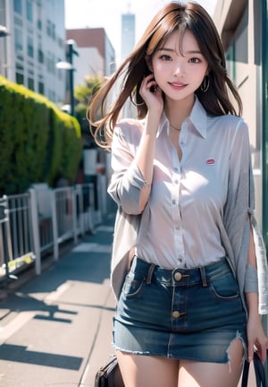  1 girl, (cowboy shot), solo, a Taiwanese lady, slender body, capering walking on a business downtwon street,  laughing, all in focused, unbuckled office shirt with folded sleeves, denim miniskirt, cute bang,  girly_hair, LEICA, f=150 mm, ISO 80, F:1.0, A: 1/2000 sec, very low noise, Lady model,girl face,1 girl.