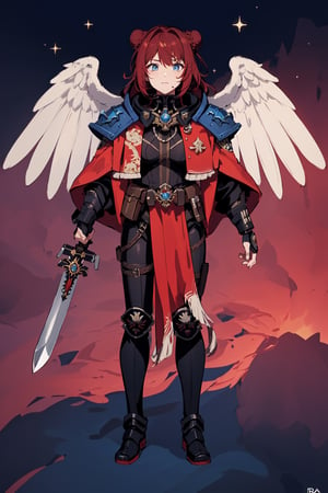 warhammer 40k, white scars, space marines, white scars emblem, white power armor, (bun, long hair, :1.25), sword in hand, action, Masterpiece, intricate, anime style, full body, 1girl, rakkun, racoon ears, 1tail, fluffy tail, (red and blue eyes blurred), short hair, (red inner hair), (brown hair), strand of hair on the left side, (red hair strips), looking at viewer, hight quality, 4k,highres, professional art, professional drawing, professional lineart,Rakkun