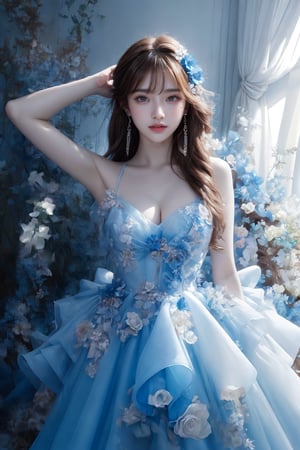 (Masterpiece, Best Quality, Photorealistic, High Resolution, 8K Raw), Smiling, Looking At Viewer, full Body, Light, 1 Girl, Solo, Beautiful Young Girl, 18 Years Old, (Long Hair, brown Hair, Bangs:1.3), hair ornament, bare shoulders, jewelry, collarbone, earrings, hair flower, hair bun, flower garden, blue flower dress, indoor studio,arms up,1 girl