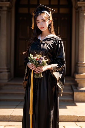 graduation ceremony,girl,college student,wearing graduation gown(black color),holding buquet,smile,Best Quality, 32k, photorealistic, ultra-detailed, finely detailed, high resolution, perfect dynamic composition, beautiful detailed eyes, sharp-focus, cowboy_shot, full body