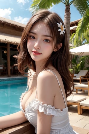 20's cute girl, petite, (wearing white frilly mini dress), round face,big sunny smiling, best picture quality, 32K, details, high resolution, big eyes, (upper body), brown hair in golden mesh curls, one point flower hair ornament, palm leaf roof, poolside bar, sunny sky, red lips medium bust, big eyes,gentlebreeze,sexy model pose