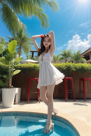 1 16's cute girl, petite, (wearing white frilly dress:1), round face, smiling, best picture quality, 32K, details, high resolution, (front view), big eyes, (full body), brown hair in golden mesh curls, one point flower hair ornament, palm leaf roof, poolside bar, sunny sky, red lips medium bust, big eyes,gentlebreeze,arms up,realhands