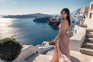 Princesa bonita, in long dress go up the stairs in Santorini,looking back at viewer,bright sunny big smile. in style vogue/dior/armani, fashion photography, beautiful old buildings and sea in the background. high definition, trending on artstation, intricate details, highly detailed,walking posture