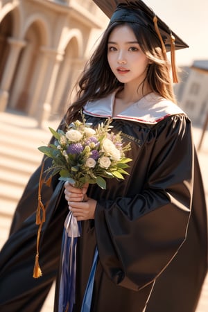 graduation ceremony,girl,college student,wearing graduation gown(black color),holding buquet,smile,Best Quality, 32k, photorealistic, ultra-detailed, finely detailed, high resolution, perfect dynamic composition, beautiful detailed eyes, sharp-focus, cowboy_shot,full body